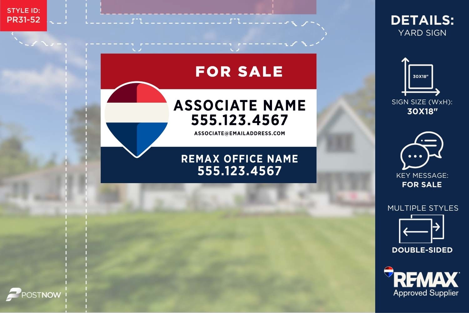 Remax 2025 For Sale Yard Sign - 30X18 Horizontal Rwb With Standard Eq Logos.