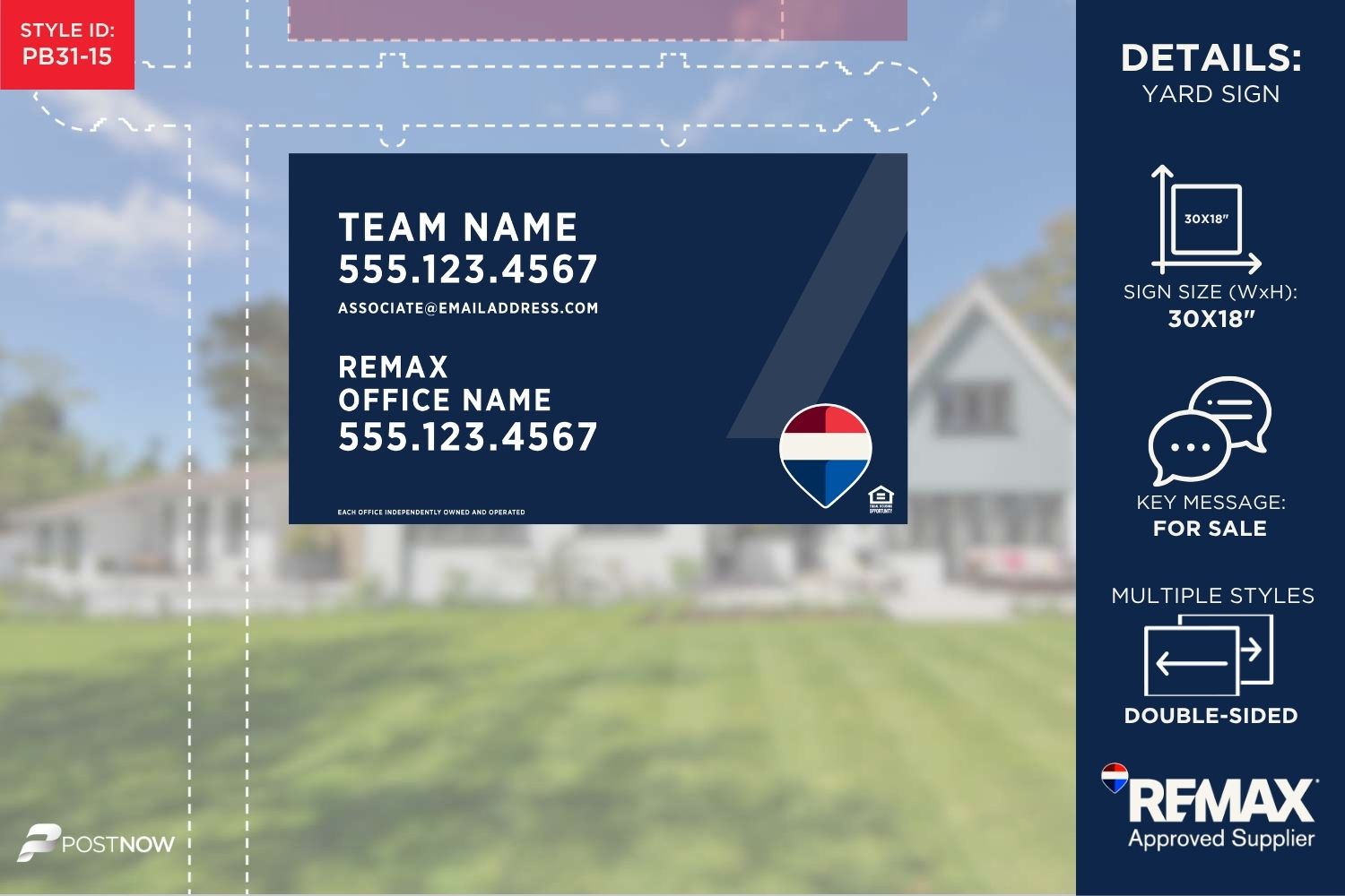 Remax For Sale Yard Sign, 30X18 Horizontal, With Team Name And Blue Slash Design.