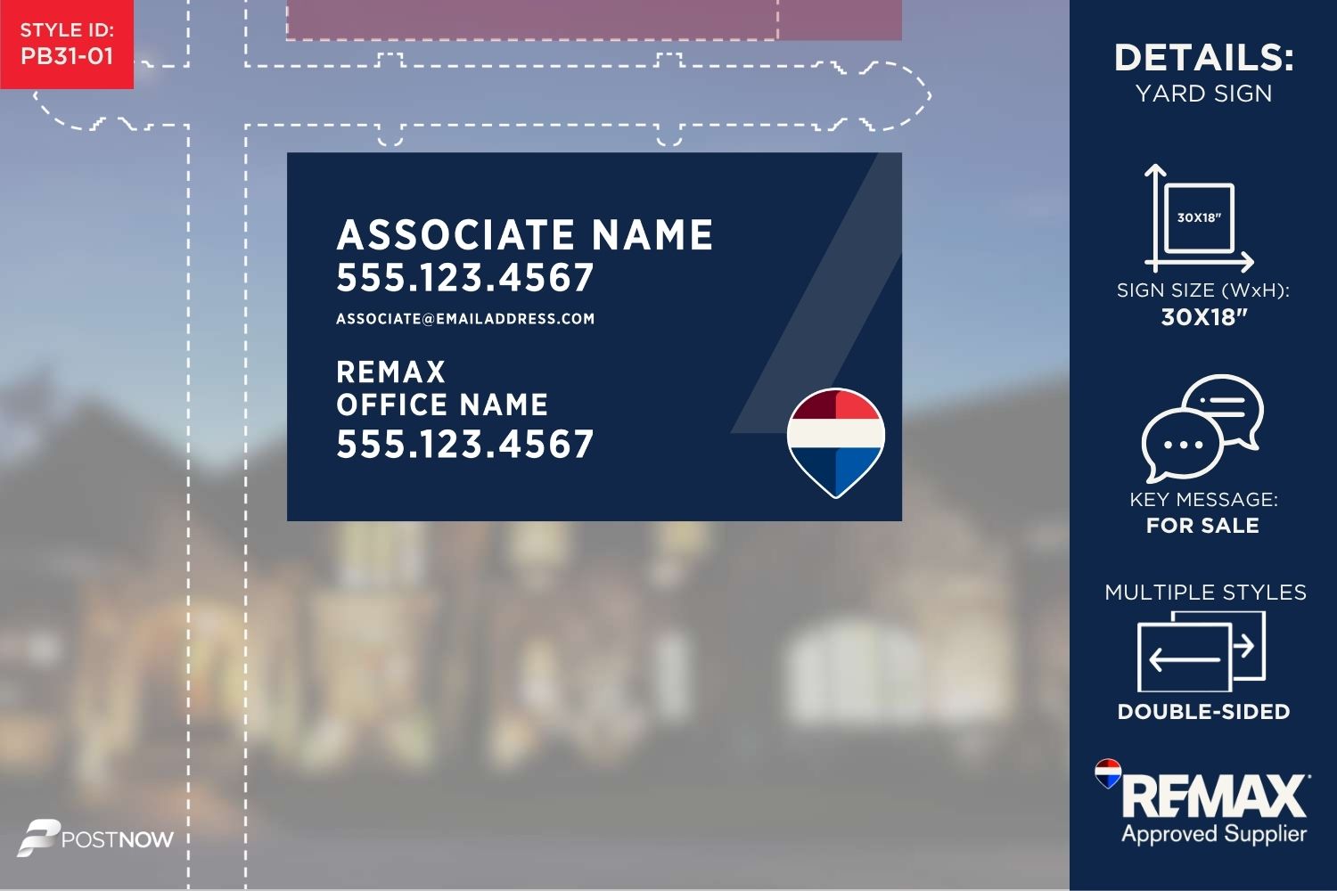Remax For Sale Yard Sign, 30X18 Horizontal, Featuring Agent Photo, Associate Name, And Blue Slash Design.