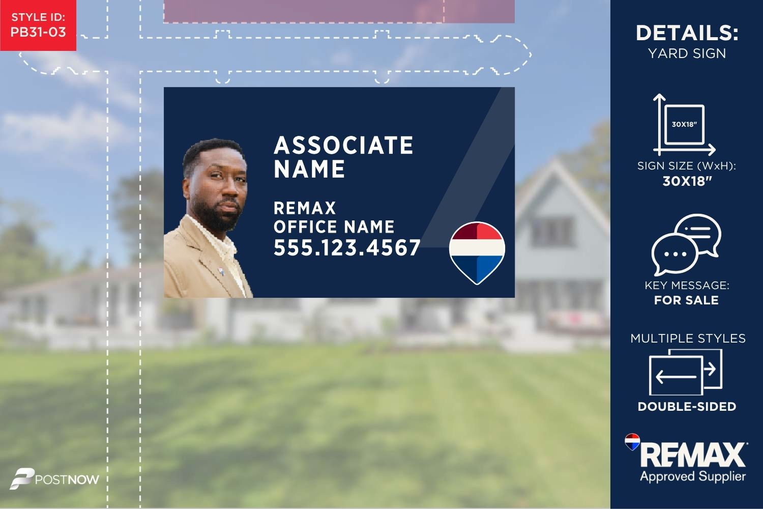 Remax 2025 For Sale Yard Sign, 30X18 Horizontal With Agent Photo, Associate Name, And Blue Slash Design.