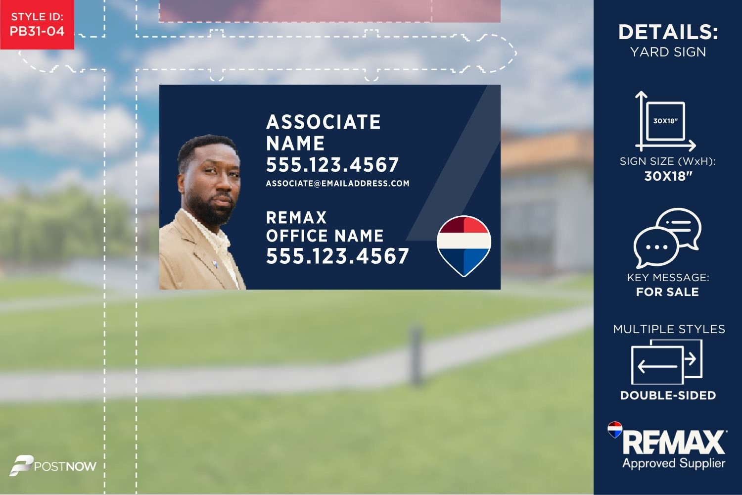 Remax For Sale Yard Sign, 30X18 Horizontal, Agent Photo, Blue Slash Design, Pn-Pb31-04
