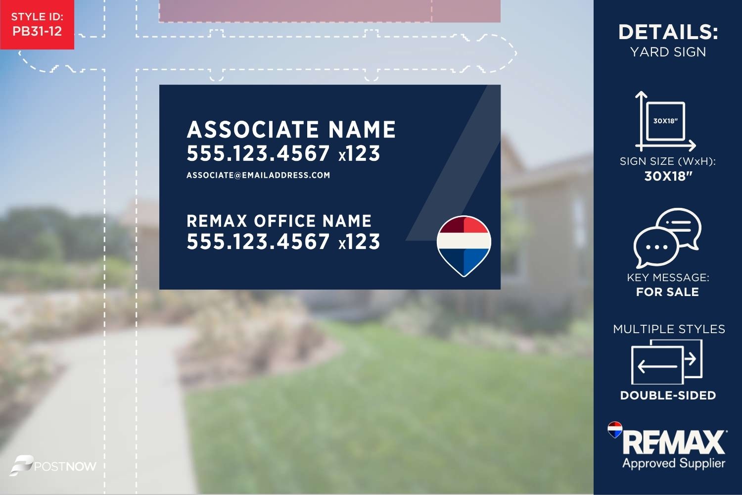 Remax For Sale Yard Sign, 30X18 Horizontal, Blue Slash Design With Phone Extension.