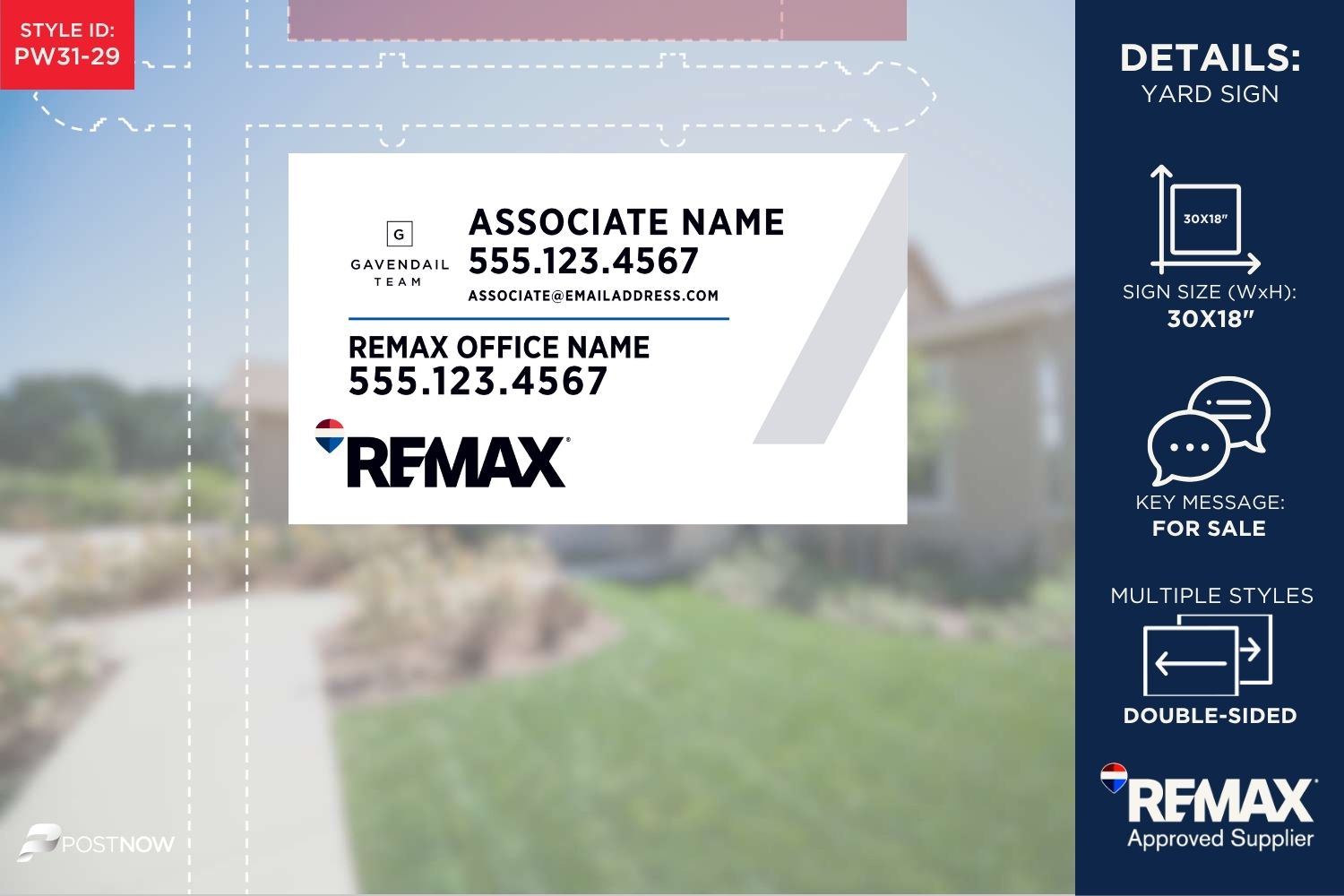Remax For Sale Yard Sign, 30X18 Horizontal, White Slash Design With Team Logo.