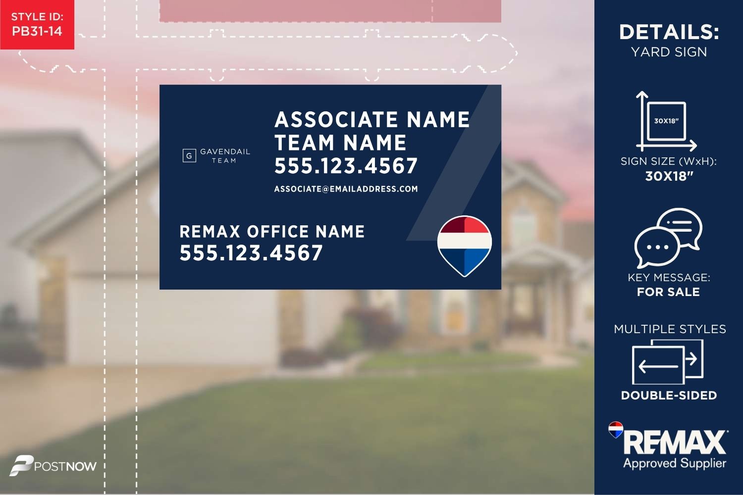 Remax 2025 For Sale Yard Sign, 30X18 Horizontal, With Blue Slash Design And Team Logo.